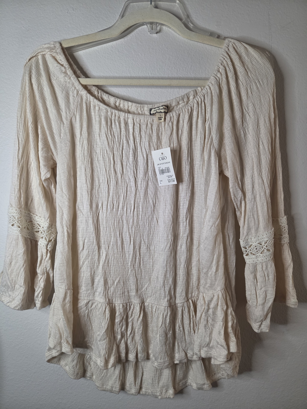 Eyeshadow Cream Peasant Tunic with Crochet Sleeve Trim